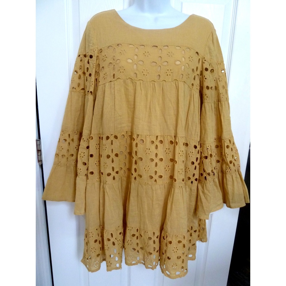 Listicle Small Tiered Eyelet Boho Mini Dress Yellow Flared Sleeve Peasant Lined